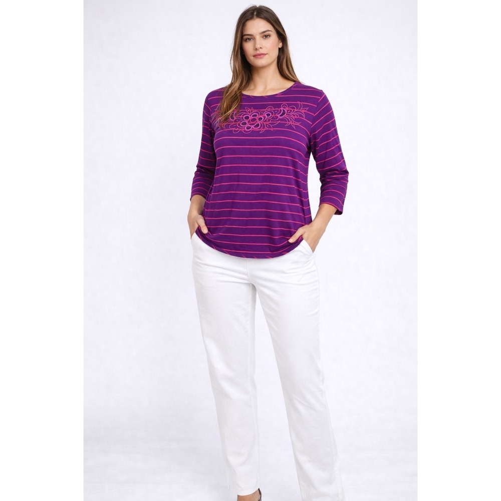 Bob Mackie Wearable Art Womens Large Purple‎ Pink Striped Floral Embroidered Top